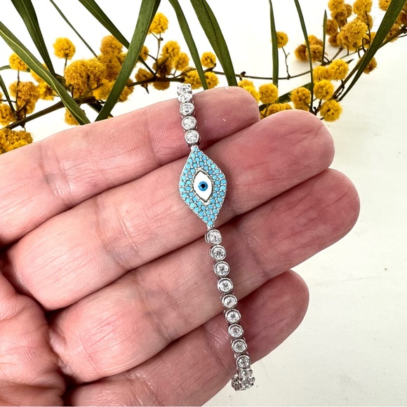 EVIL EYE Dainty 925 Sterling Silver Cz Rhinestone w Enamel Adjustable Bracelet - Picture 4 of 12